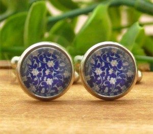 Blauw gebloemde zilverkleurige manchetknopen 